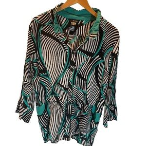 Ali Miles Geo Gauzy Peacock Blue Black White Tunic Top Blouse Jacket